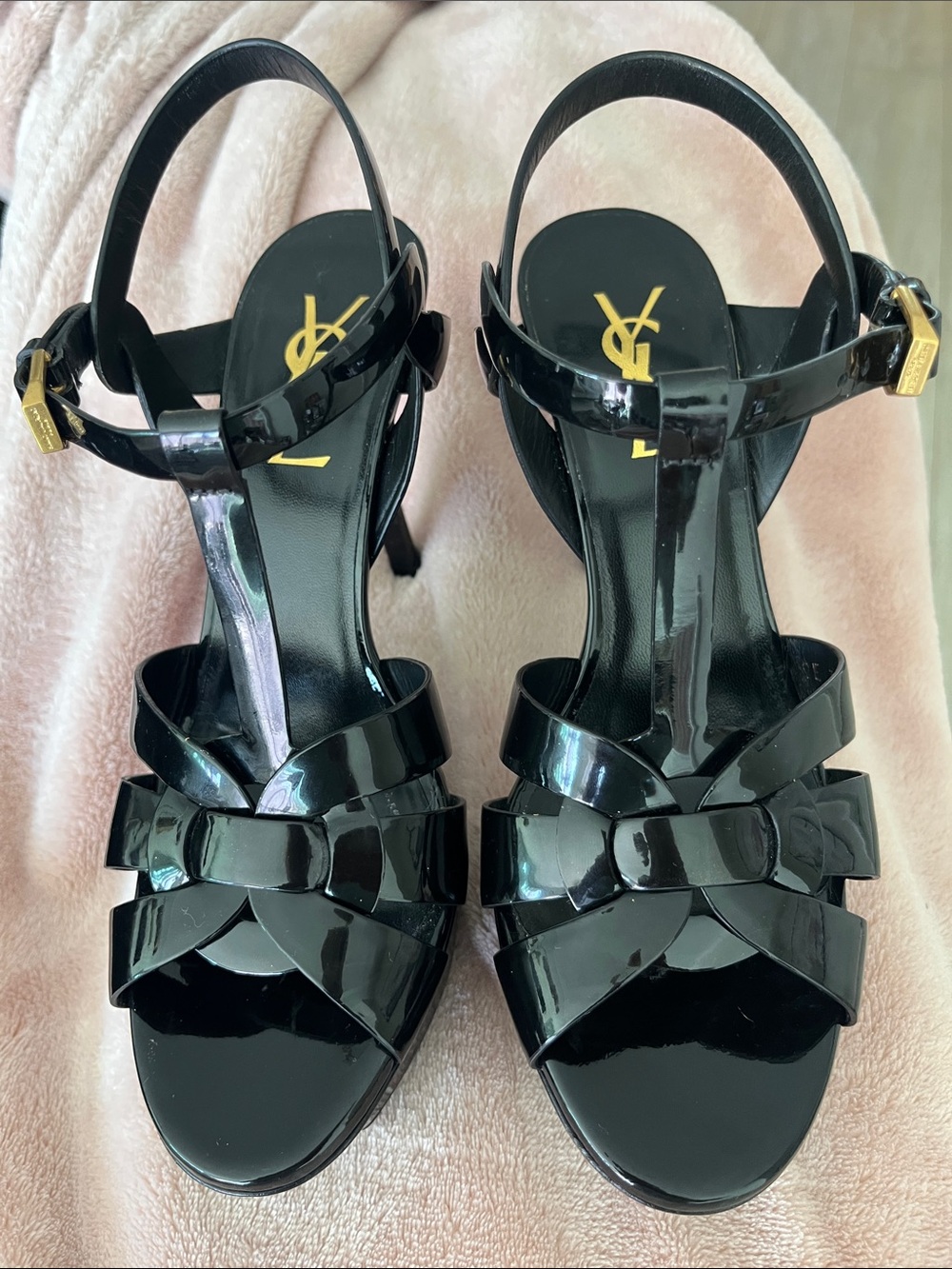 Saint Laurent Black Patent Leather T-Strap Knot Heels - Picture 1 of 6